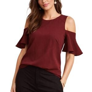 Ann Taylor Women's XS Blouse Top Burgundy Red Ruffle Sleeve Cold Shoulder